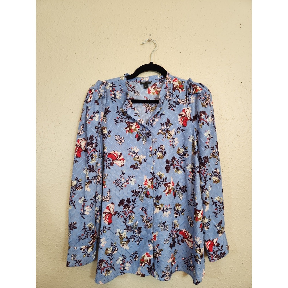 Ann Taylor Womens LP Blue Floral Jacquard Blouse Ruffle Shoulder Long Sleeve Top